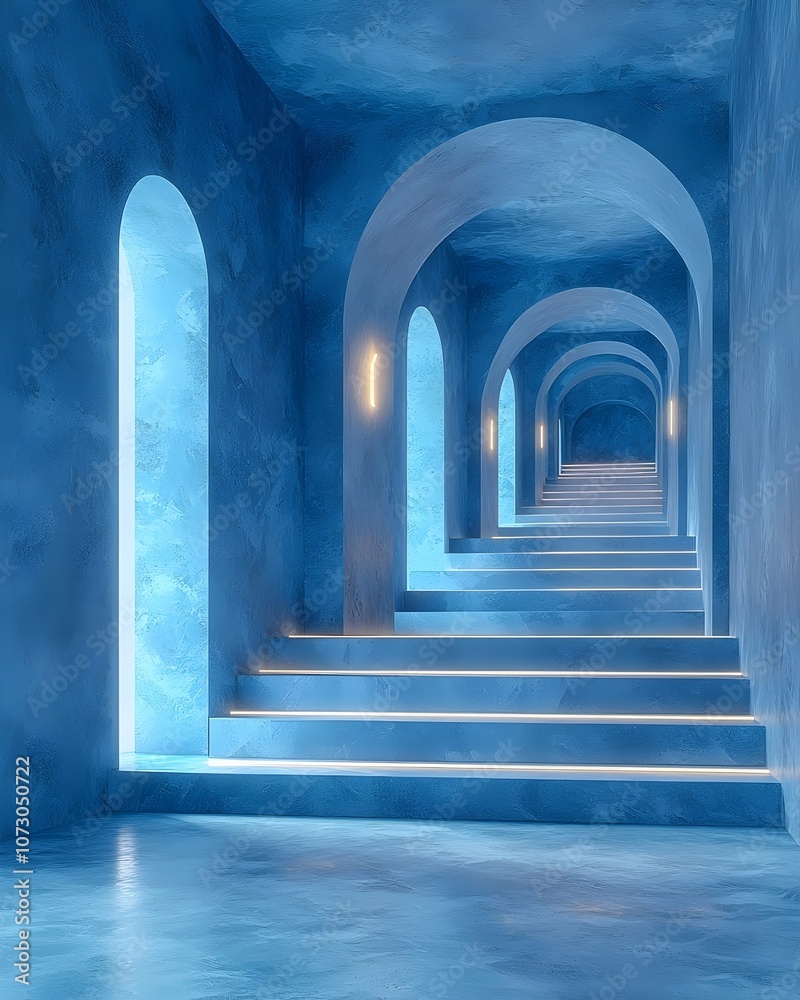 A futuristic blue hallway with arched windows and illuminated stairs, creating an ethereal and tranquil atmosphere. Ideal for backgrounds or design inspiration. A futuristic blue hallway with arched windows and illuminated stairs, creating an ethereal and tranquil atmosphere. Ideal for backgrounds or design inspiration.