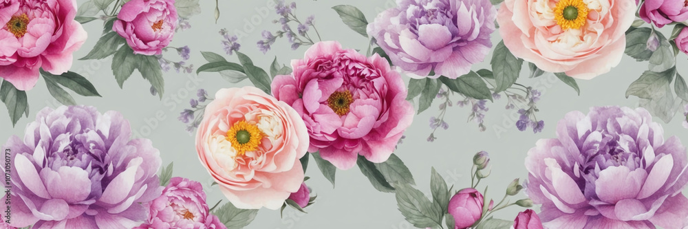 Elegant peony and rose watercolor pattern with light lavender and sage tones Elegant peony and rose watercolor pattern with light lavender and sage tones