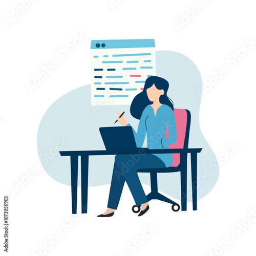 Woman in Programming Role Elegant flat vector of a female coder working on a project, embodying professionalism and women empowerment in technology