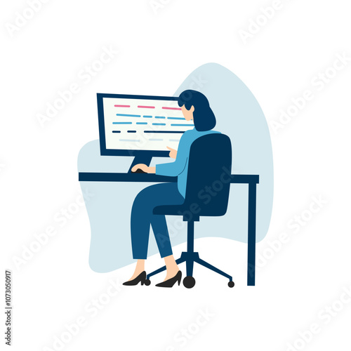 Woman in Programming Role Elegant flat vector of a female coder working on a project, embodying professionalism and women empowerment in technology