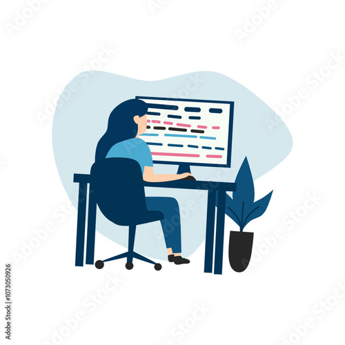 Woman in Programming Role Elegant flat vector of a female coder working on a project, embodying professionalism and women empowerment in technology