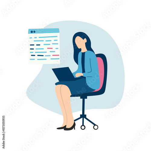 Woman in Programming Role Elegant flat vector of a female coder working on a project, embodying professionalism and women empowerment in technology