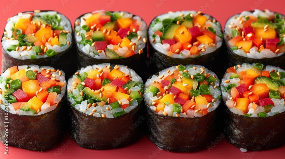 Veggie Sushi Rolls , Horizontal top view from above, red background Veggie Sushi Rolls , Horizontal top view from above, red background