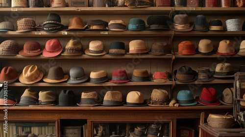 Variety of Stylish Hats on Display in Vintage Shop