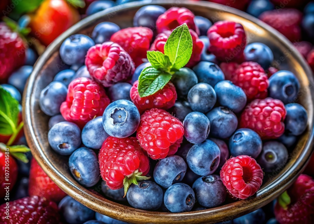Close-Up of Fresh Blueberries and Raspberries: A Delightful Mix of Sweet and Healthy Berries Perfect for a Refreshing Snack or Topping for Desserts and Smoothies Close-Up of Fresh Blueberries and Raspberries: A Delightful Mix of Sweet and Healthy Berries Perfect for a Refreshing Snack or Topping for Desserts and Smoothies