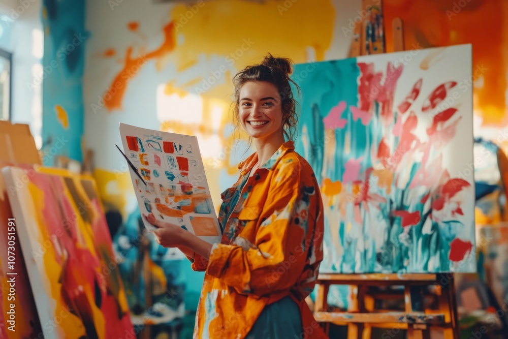 Obraz premium A joyful artist in a colorful studio. She displays her vibrant palette. The room is filled with creative energy and bright art pieces. Inspiration flows freely. Generative AI