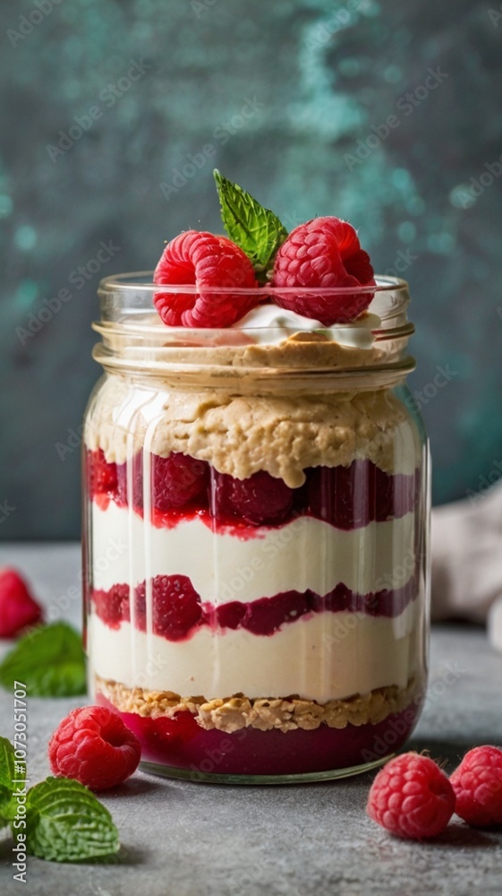 A no-bake cheesecake in a glass jar, layered with a graham cracker crust, creamy filling, and raspberry sauce. A no-bake cheesecake in a glass jar, layered with a graham cracker crust, creamy filling, and raspberry sauce.