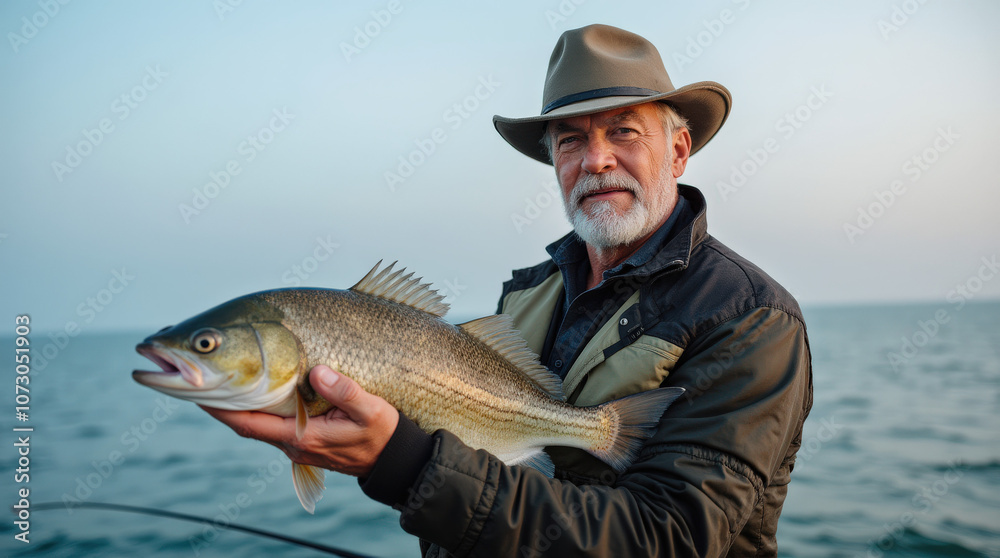 Portrait of Fisherman Holding His Catch – Men with Large Fish in Scenic Outdoor Setting Portrait of Fisherman Holding His Catch – Men with Large Fish in Scenic Outdoor Setting