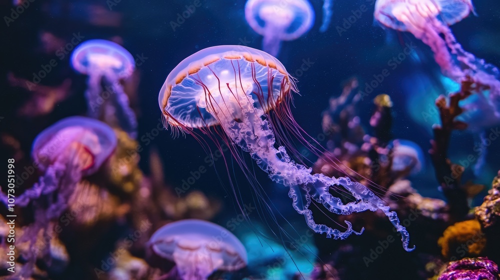 Obraz premium Jellyfish with transparent bodies, gently floating in an aquarium with neon blue and purple lights casting a soft glow.