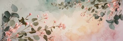 Calm and muted watercolor design with eucalyptus and soft pink blossoms