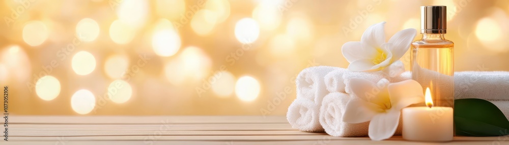 Serene spa escape, closeup of white towel, candle, and flower for ultimate relaxation wellness Serene spa escape, closeup of white towel, candle, and flower for ultimate relaxation wellness