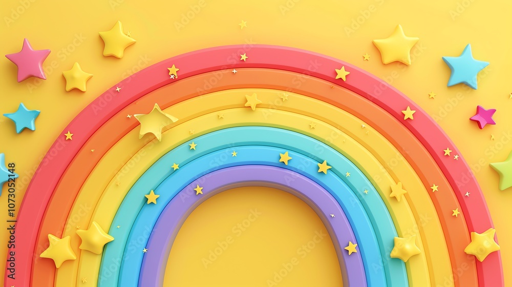Obraz premium A 3D cartoon rainbow with stars on a yellow background.