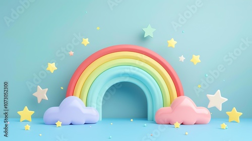 A 3D cartoon rainbow with clouds and stars on a blue background.