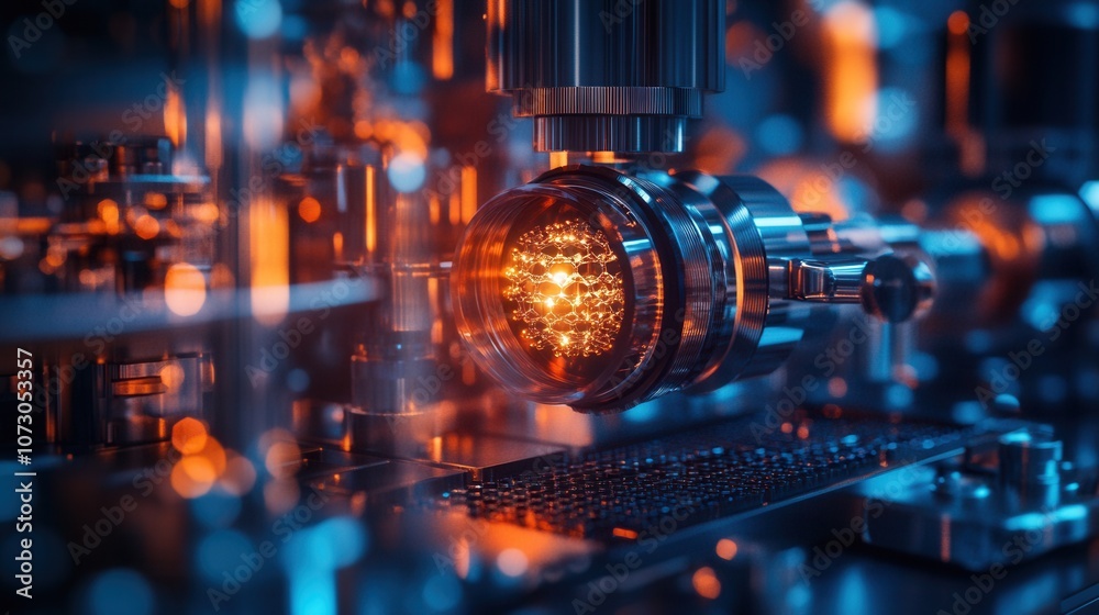 Intricate machinery glowing in vibrant colors within a high-tech laboratory during nighttime hours Intricate machinery glowing in vibrant colors within a high-tech laboratory during nighttime hours