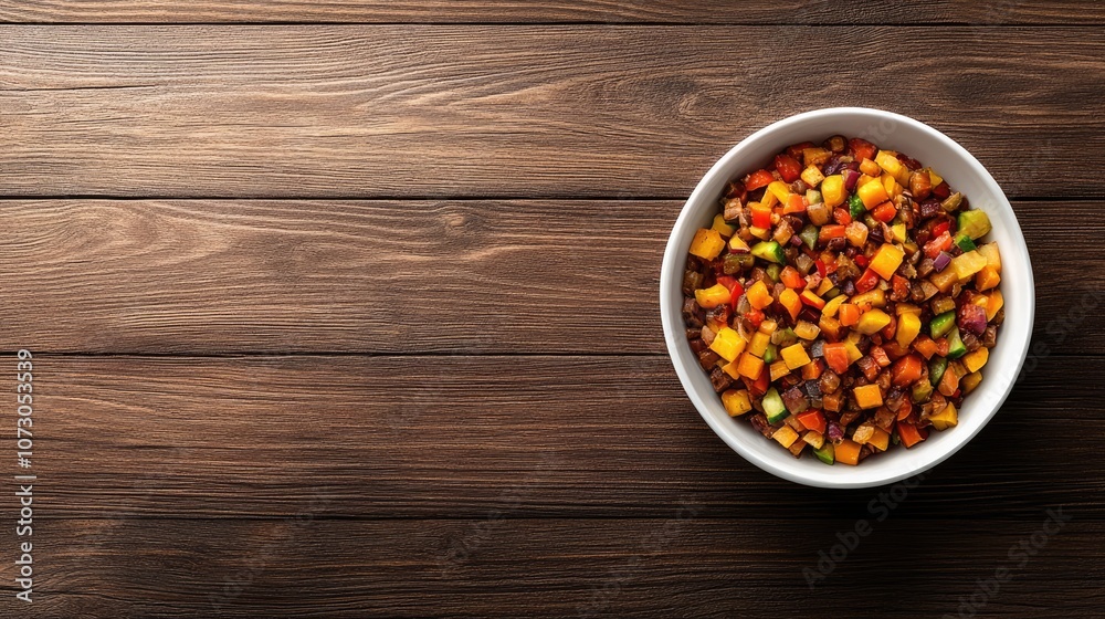 Freshly Prepared Colorful Vegetable Medley in White Bowl on Rustic Wooden Table, Ideal for Healthy Eating, Culinary Creativity, and Food Photography Projects