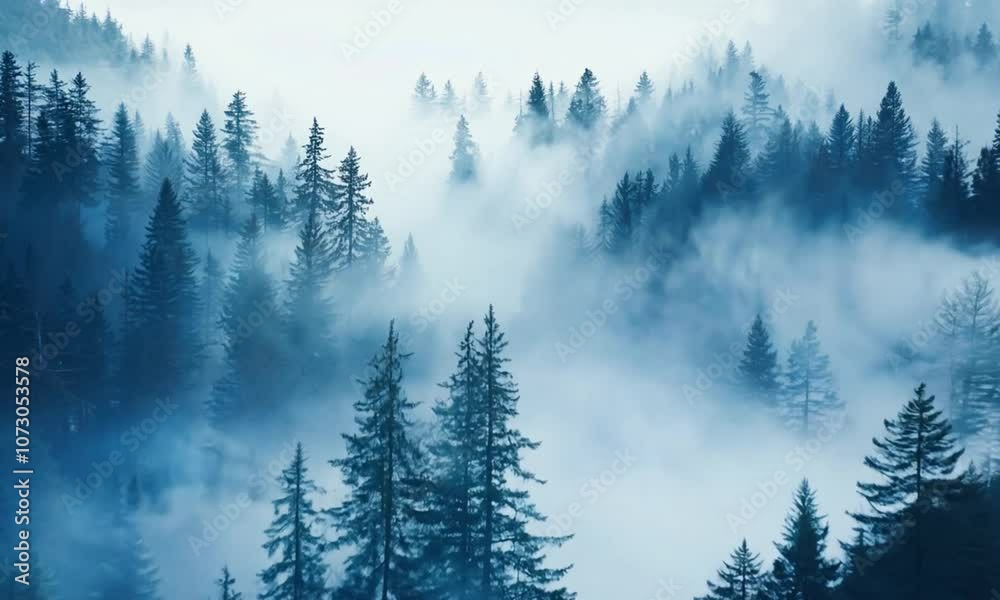 Misty Pine Forest in Early Morning Light with Dense Fog and Atmospheric Mood Misty Pine Forest in Early Morning Light with Dense Fog and Atmospheric Mood