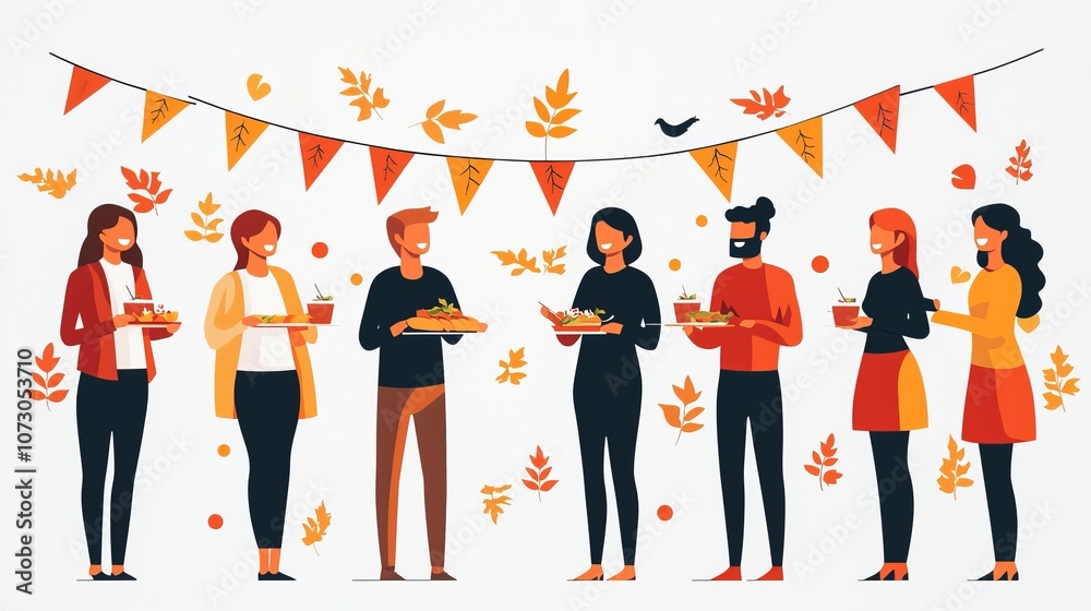 A festive gathering of diverse friends enjoying food, decorated with autumn leaves and colorful banners. A festive gathering of diverse friends enjoying food, decorated with autumn leaves and colorful banners.