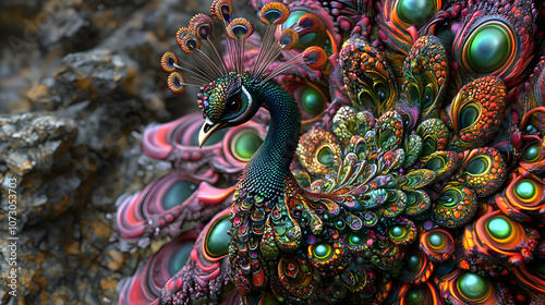 A vibrant and intricate depiction of a peacock, showcasing its colorful feathers and detailed patterns against a natural backdrop.