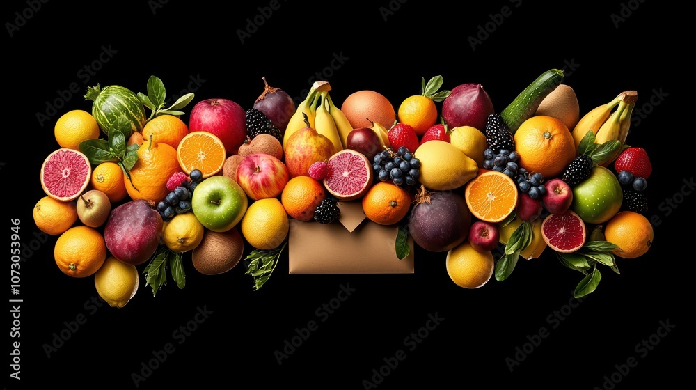 A vibrant array of assorted fruits displayed with a cardboard box, isolated on a black background. A vibrant array of assorted fruits displayed with a cardboard box, isolated on a black background.