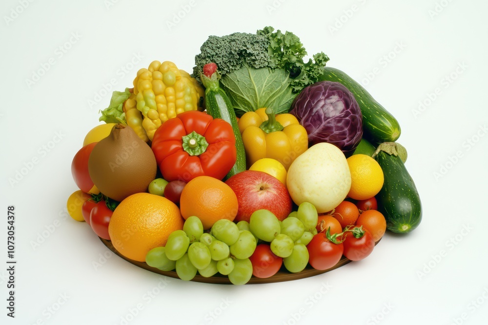 A vibrant assortment of fresh vegetables and fruits arranged artistically on a platter, showcasing colorful and healthy produce. A vibrant assortment of fresh vegetables and fruits arranged artistically on a platter, showcasing colorful and healthy produce.