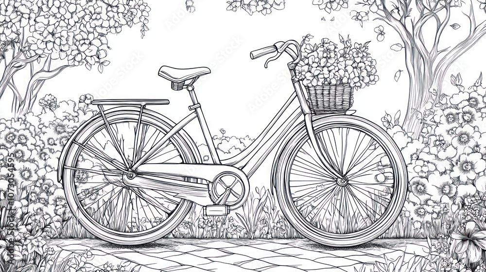 A black and white illustration of a bicycle with a basket of flowers in a garden setting. A black and white illustration of a bicycle with a basket of flowers in a garden setting.