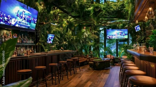 A modern sports bar with a tropical jungle theme, featuring multiple televisions, a long bar, and comfortable seating.