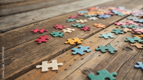 Colorful Tilt-Shift Photography of Blank Puzzle Pieces on a Wooden Table, Perfect for Games and Creative Activities, Highlighting the Intricate Details of Each Piece