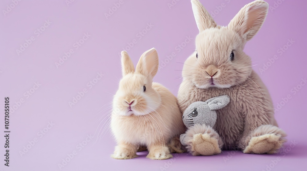 Fototapeta premium Two fluffy bunnies on a light purple background.