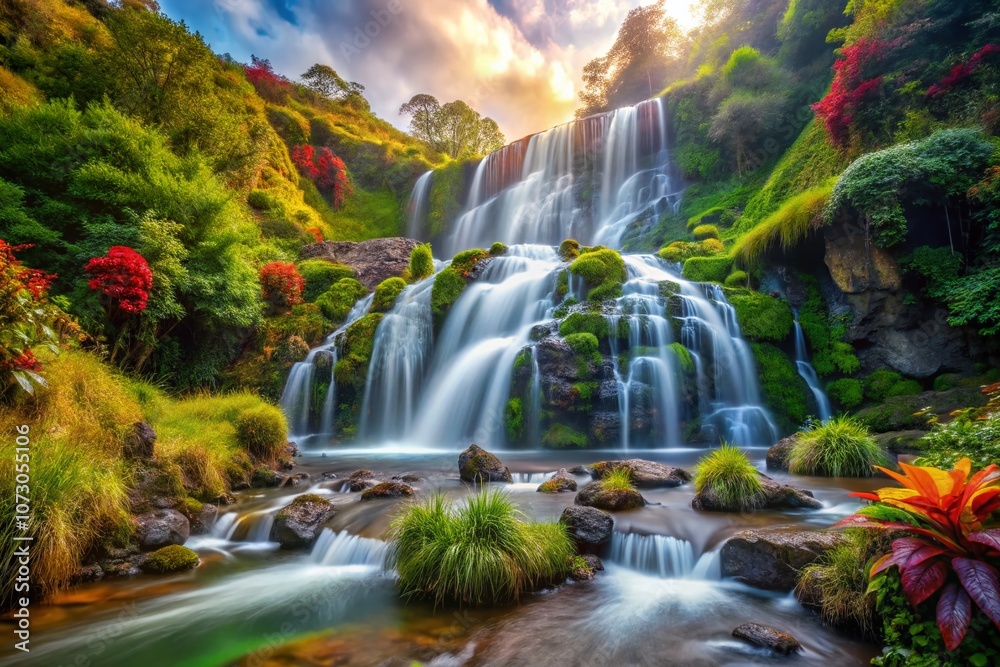 Fototapeta premium Colorful Waterfall Cascade Over Rocks Amidst Lush Greenery, Showcasing Vibrant Tropical Natural Art with Flowing Water and Flourishing Plants for Stunning Landscape Design