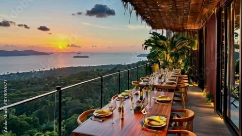 Elegant outdoor dining setup on a balcony with a breathtaking panoramic view of the ocean at dusk.