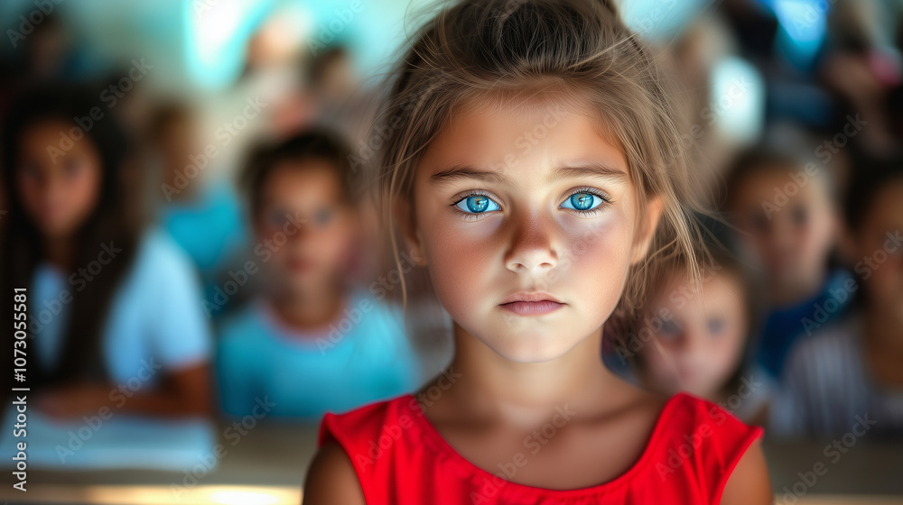 Portrait of a Young Girl with Expressive Blue Eyes and Worried Look in Classroom Setting Portrait of a Young Girl with Expressive Blue Eyes and Worried Look in Classroom Setting