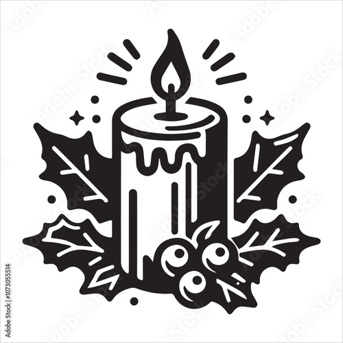 Festive Candlelight: A Warm and Cozy Christmas Illustration. This black and white illustration depicts a burning candle with dripping wax, surrounded by festive holly leaves and berries.