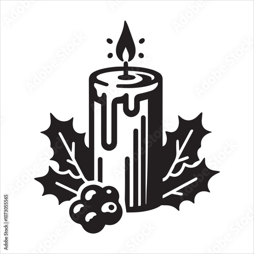 Festive Candlelight: A Warm and Cozy Christmas Illustration. This black and white illustration depicts a burning candle with dripping wax, surrounded by festive holly leaves and berries.