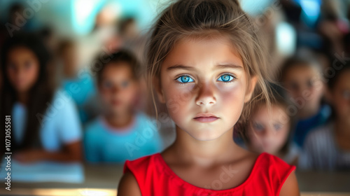 Portrait of a Young Girl with Expressive Blue Eyes and Worried Look in Classroom Setting