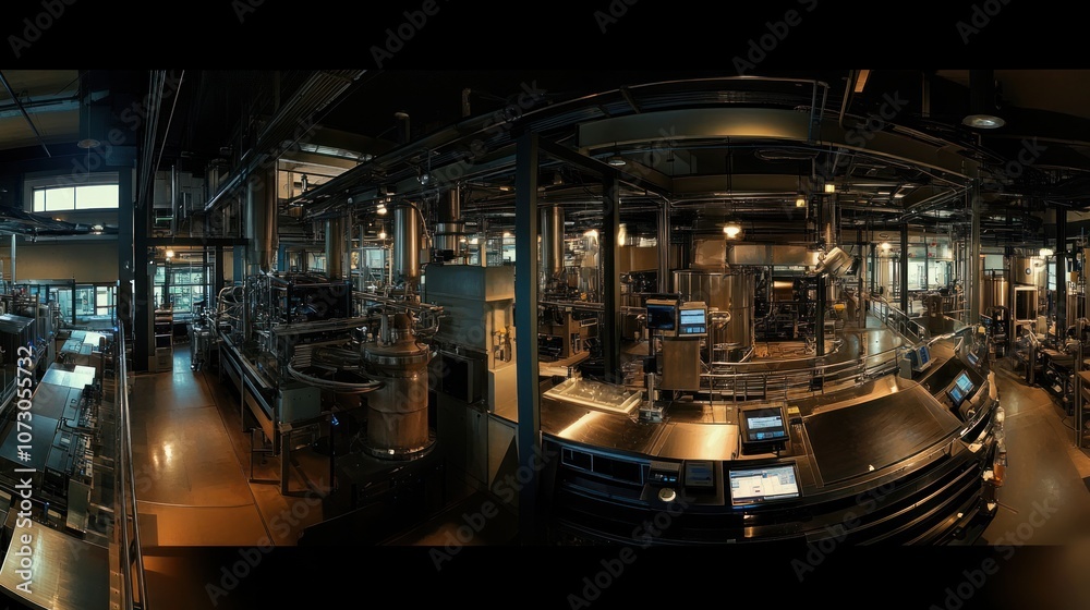 Panorama of a bustling beverage factory, top-level production line shows automated systems blending ingredients.