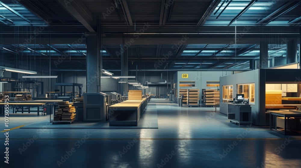 Panorama of a modern furniture production line, showcasing sections for wood processing, component assembly, and painting under bright industrial lighting. Panorama of a modern furniture production line, showcasing sections for wood processing, component assembly, and painting under bright industrial lighting.
