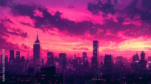 A vibrant, colorful sunset over a cityscape with skyscrapers and buildings.