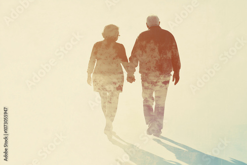 Elderly couple walking holding hands disappearing. Passing away. Afterlife. 
