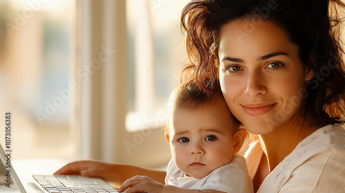 A vibrant, realistic image of a working mom at her desk in a home office, with one hand typing on a keyboard and the other holding her baby on her lap. She looks focused but conten photo