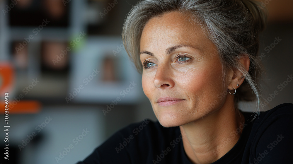 A working mom in a bustling office, her desk decorated with family photos, balancing between her work and thinking about her family. Her expression is one of concentration and slig A working mom in a bustling office, her desk decorated with family photos, balancing between her work and thinking about her family. Her expression is one of concentration and slig
