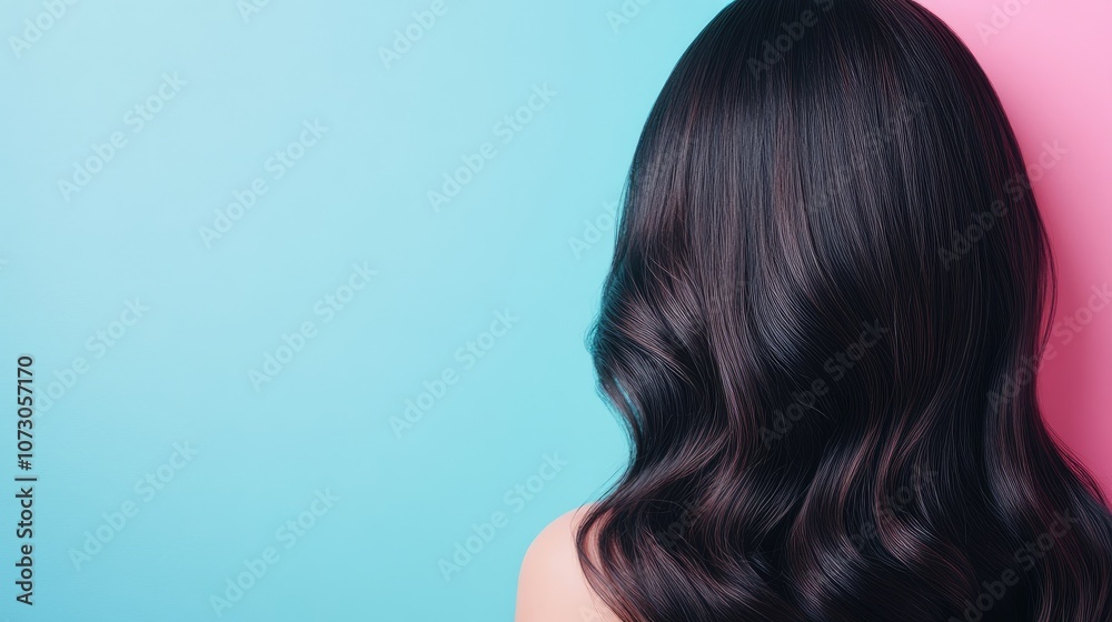 Beautifully styled black hair with natural waves displayed against a vibrant blue and pink background, highlighting elegance and charm in hair fashion photography.