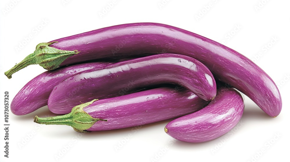 Purple Dutch eggplants against a white background, emphasizing their glossy texture and the deep, rich color of the skin. Purple Dutch eggplants against a white background, emphasizing their glossy texture and the deep, rich color of the skin.