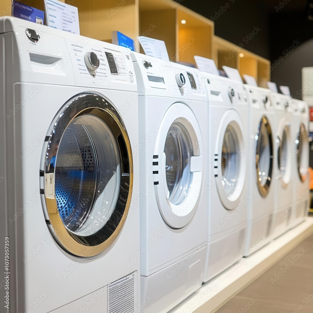 A sleek row of modern washing machines in a retail store, showcasing energy-efficient technology and contemporary design. A sleek row of modern washing machines in a retail store, showcasing energy-efficient technology and contemporary design.