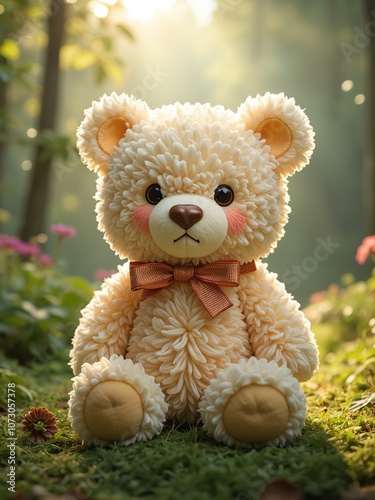 A cute teddy bear in a forest background.Toy . Poster art for kids