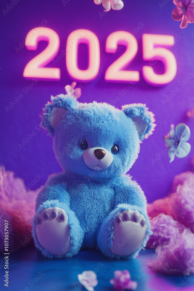 Fototapeta premium New Year Cards: 2025-themed Cute Neon Background Baby Bear&nbsp;Illustrations