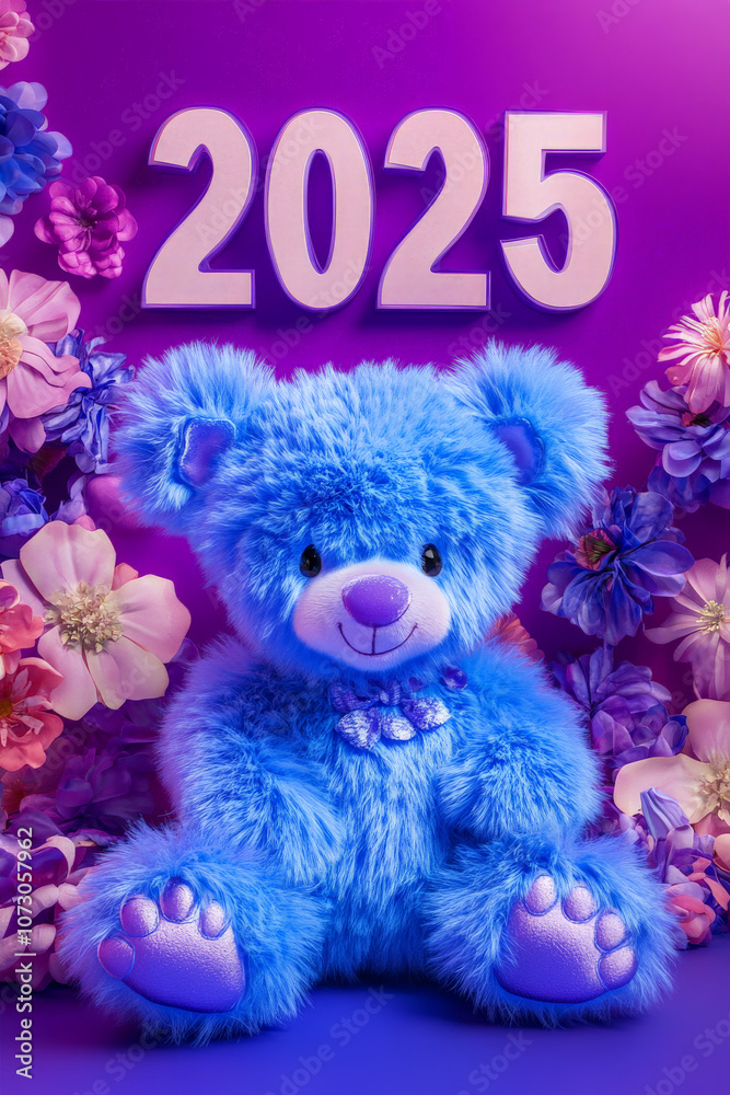 Fototapeta premium New Year Cards: 2025-themed Cute Neon Background Baby Bear&nbsp;Illustrations