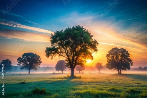 Tranquil Morning Landscape with Trees in a Moody Atmosphere, Capturing the Serenity of Nature's Beauty in a Vintage Photography Style