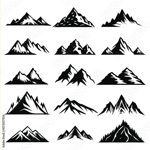 Black and white mountain silhouettes vector set, abstract style, perfect for logo design