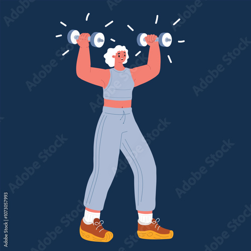 Cartoon vector illustration of a woman lifting dumbbells, symbolizing empowerment, strength training, and achieving fitness goals over dark background