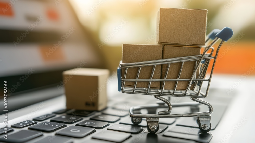 Miniature shopping cart full of cardboard boxes standing on laptop keyboard is representing online shopping, e commerce and delivery service
